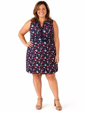 kate spade Navy Floral Sleeveless V-Neck Dress with Red & White Blooms